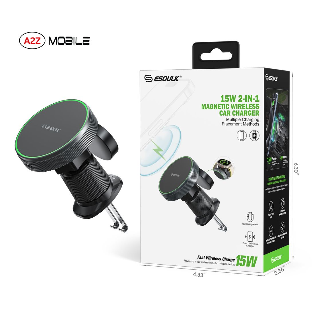 Esoulk 15W 2in1 Magnetic Wireless Car Charger
